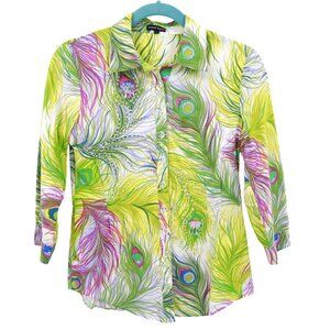 Nanette Lepore Peacock Print Top Women 2 White Boho Unique Artsy Creative Whimsy